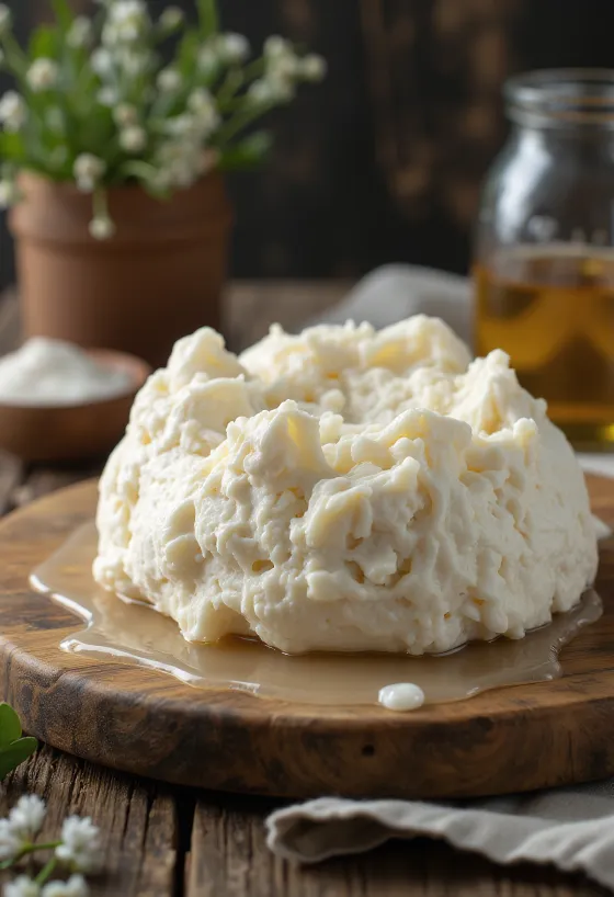 Frischer Gomolya-Käse aus Schafmilch, geschnitten auf einem Holzschneidebrett