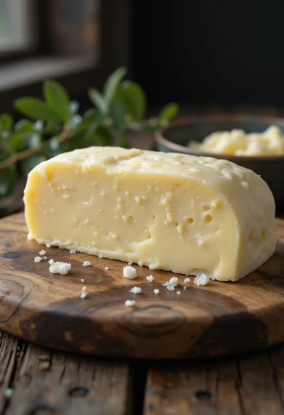 Schafbutter in kleiner Schale, cremige Konsistenz, auf rustikaler Holzoberfläche