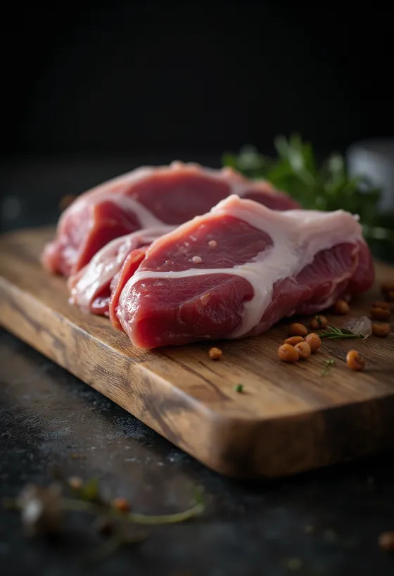 Frische Entenfleischstücke mit Gewürzen auf einer rustikalen Holzoberfläche