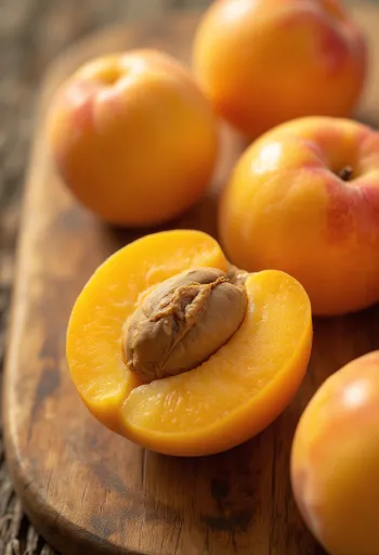 Frische Aprikosen ganz und halbiert, auf rustikalem Tisch mit Marmelade