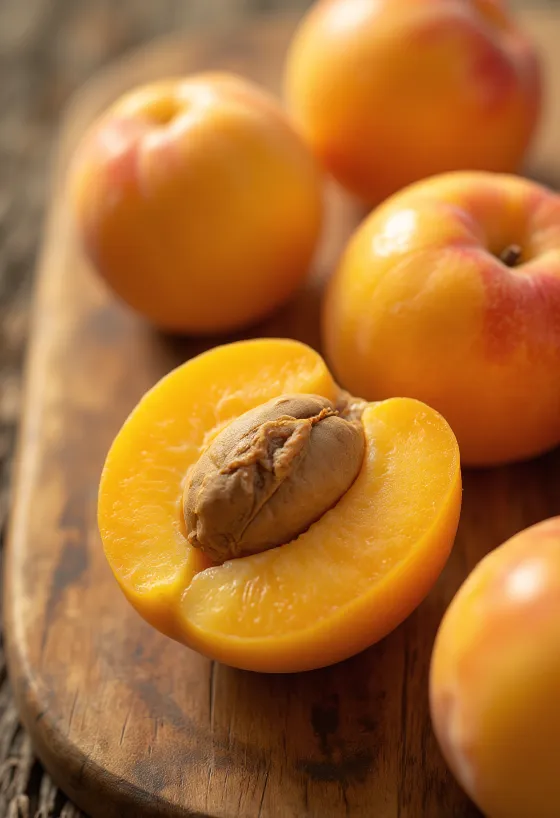 Frische Aprikosen ganz und halbiert, auf rustikalem Tisch mit Marmelade