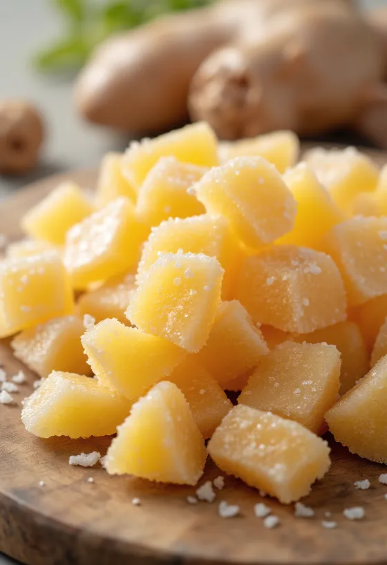 Kandierte Ingwerscheiben in Schale, mit frischem Ingwer und Zucker