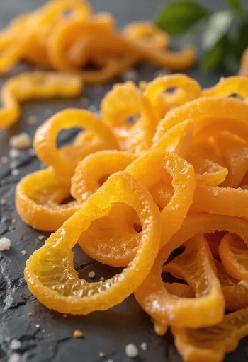 Kandierte Orangenschale in Schale, mit frischen Orangenstücken, Zucker und Honig