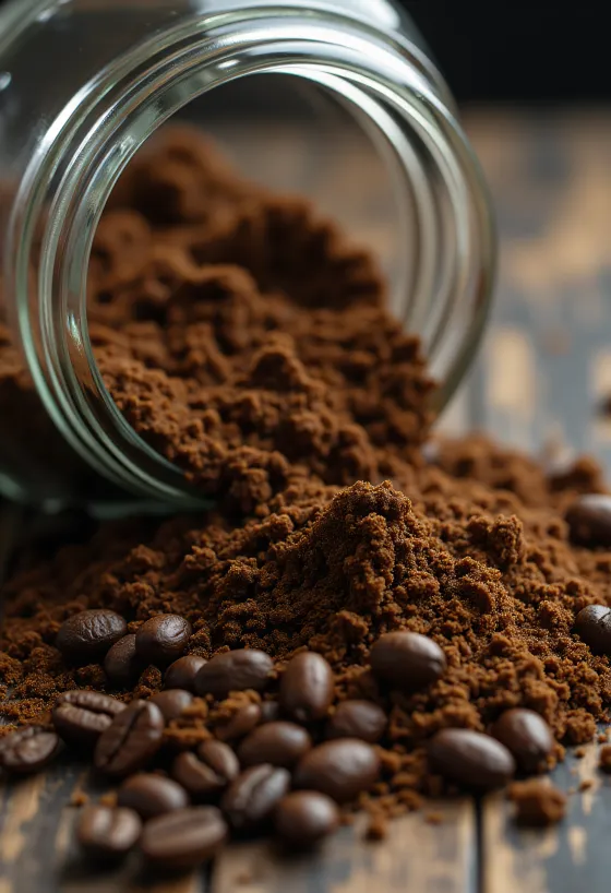 Gemahlener Kaffee und geröstete Kaffeebohnen mit Holzlöffel vor rustikalem Hintergrund