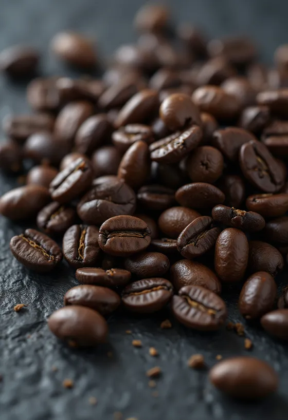 Geröstete Kaffeebohnen auf rustikaler Holzoberfläche verstreut