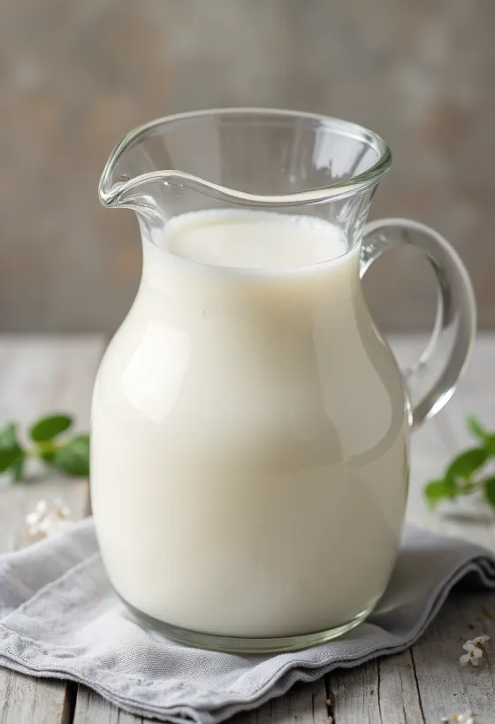 Frische Ziegenmilch in Glas und Karaffe auf heller Küchenoberfläche, in reiner Form