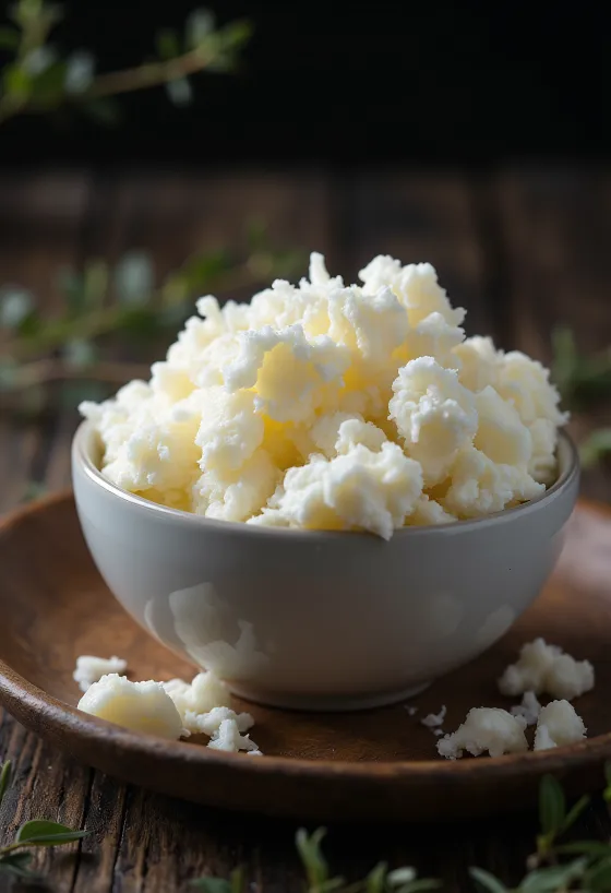 Frischer Quark aus Ziegenmilch in weißer Keramikschale auf Holztisch