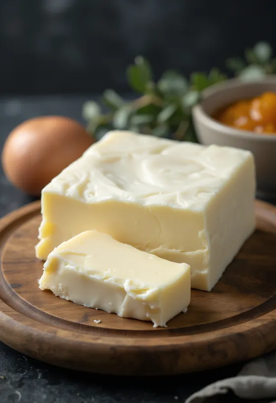Ziegenbutter in kleiner Keramikschale, cremige Konsistenz, auf rustikalem Holz