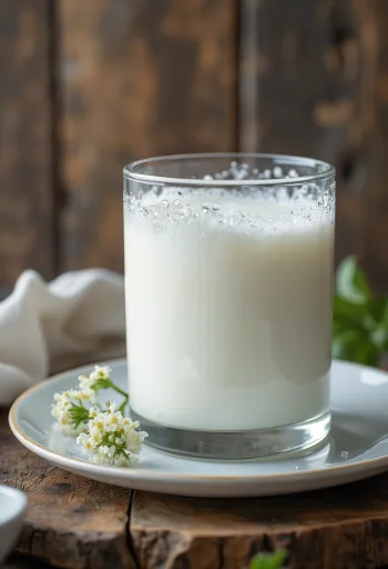 Weißer, cremiger Kefir in einer Schale auf einem rustikalen Holztisch