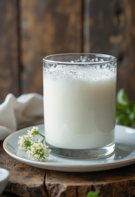 Weißer, cremiger Kefir in einer Schale auf einem rustikalen Holztisch