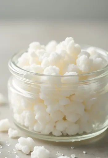 Frische Kefirknolle in einer Holzschale neben Milch und Holzutensilien, rustikale Oberfläche