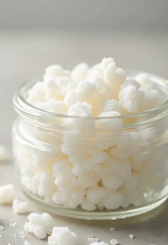 Frische Kefirknolle in einer Holzschale neben Milch und Holzutensilien, rustikale Oberfläche