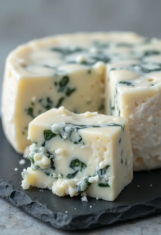 Geschnittener und zerbröselter Blauschimmelkäse auf Holzbrett, in Küchenumgebung