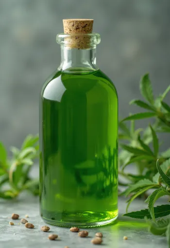 Hanföl in kleiner Flasche, daneben rohe Hanfsamen im Schälchen