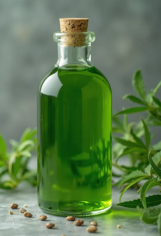 Hanföl in kleiner Flasche, daneben rohe Hanfsamen im Schälchen