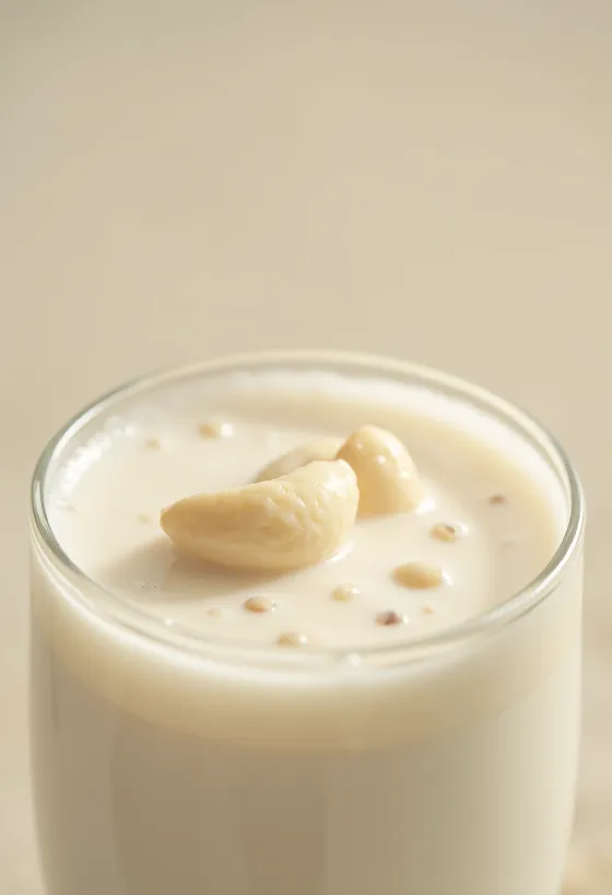 Cashewmilch ins Glas gegossen, daneben Cashewkerne in Schale und verstreut auf der Theke