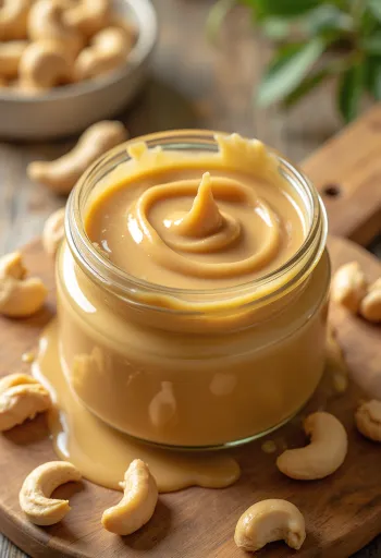 Cashewmus im Glas, mit Löffel und ganzen Cashewkernen auf Holzoberfläche