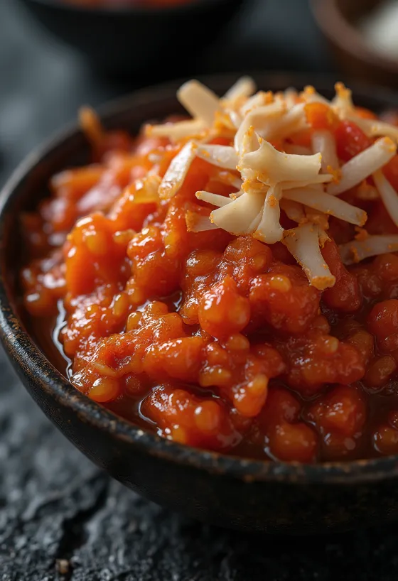 Rohe Kimchi-Zutaten auf Holzoberfläche: Chinakohl, Gochugaru, Knoblauch, Ingwer, Frühlingszwiebel, Reispaste, Rettich und Karotte