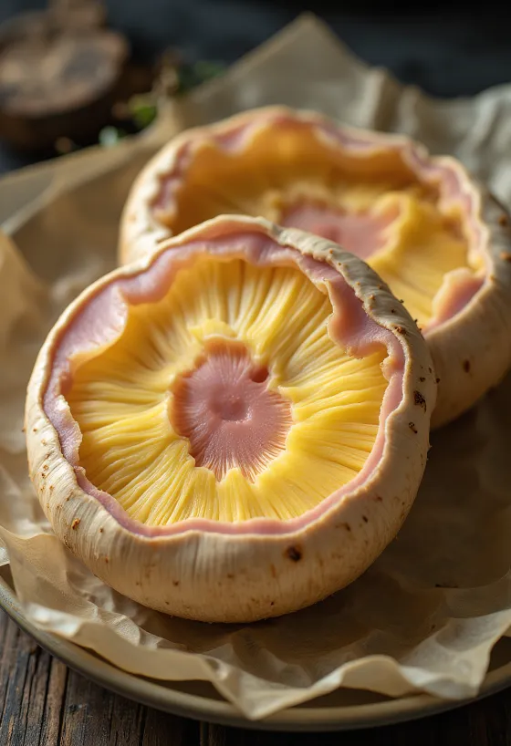 Frisch geschnittener Königs-Röhrling serviert mit Knoblauch und Thymian