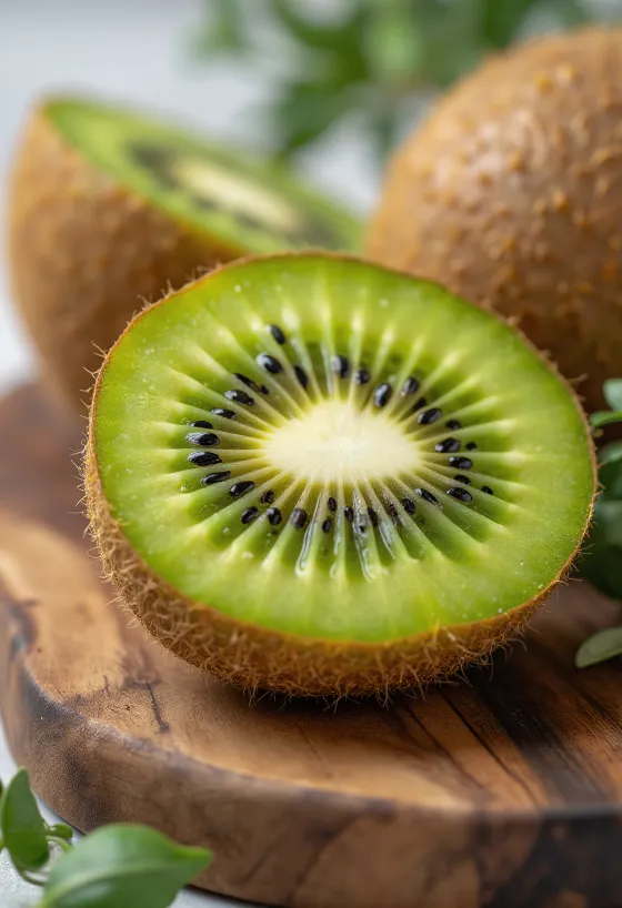 Frische Kiwi geschnitten und im Ganzen, in Schale und auf Tisch, Glas mit Kiwisaft