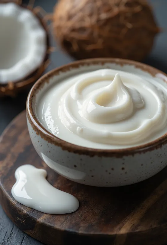 Dicke Kokoscreme in Glasschale, daneben halbe Kokosnuss und ein Löffel Creme