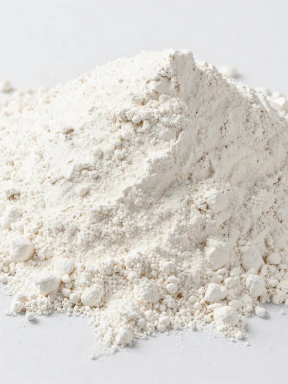 Kokosmehl in Keramikschale, helles, feines Pulver auf Holzoberfläche