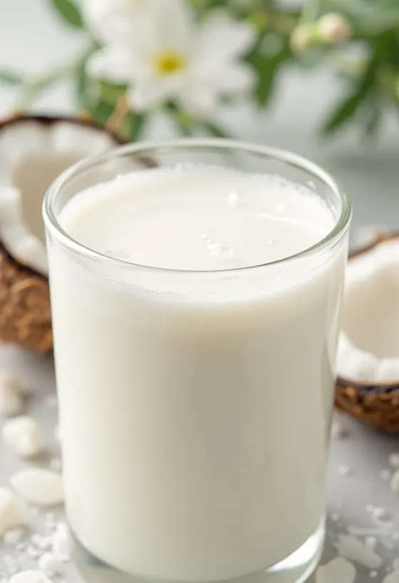 Kokosmilch wird aus Flasche in transparente Schale gegossen, daneben halbe Kokosnuss