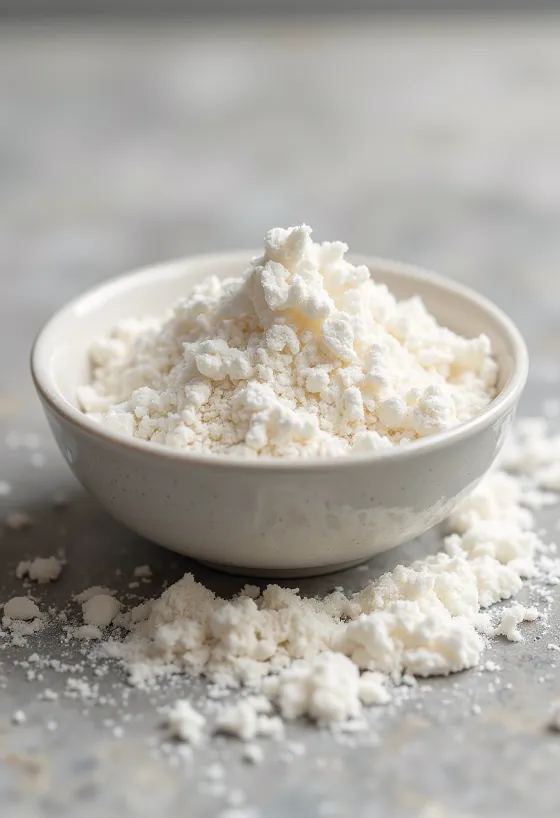 Kokosmilchpulver in Schale und auf Küchenoberfläche verstreut