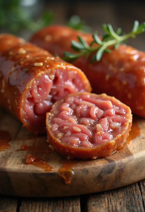 Geschnittene Trockenwurst auf Holzschneidebrett, mit würziger, fettiger Marmorierung