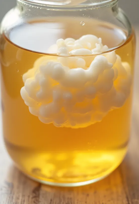 Kombucha-Ansatz-Zutaten: SCOBY, Schwarztee, Zucker und Gärglas auf einer Holzoberfläche