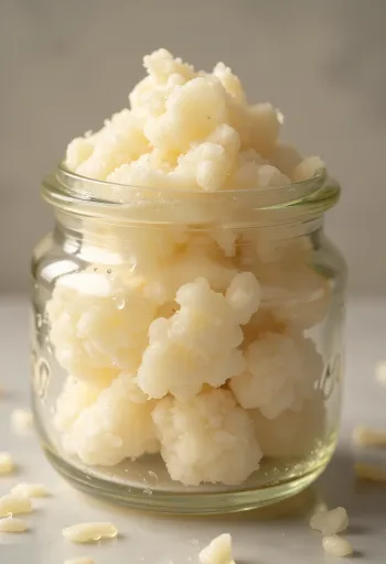 Lebende Sauerteigkultur mit blasiger Oberfläche im Glas, mit Mehl und Holzlöffel vor rustikalem Küchenhintergrund