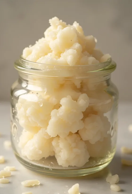 Lebende Sauerteigkultur mit blasiger Oberfläche im Glas, mit Mehl und Holzlöffel vor rustikalem Küchenhintergrund