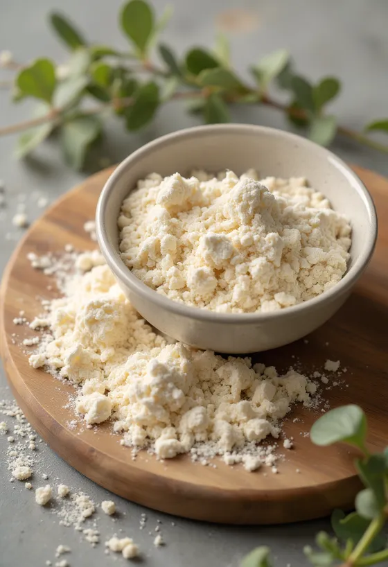 Mehl für Sauerteig in Keramikschale mit Holzlöffel und Sauerteigglas auf rustikaler Holzoberfläche