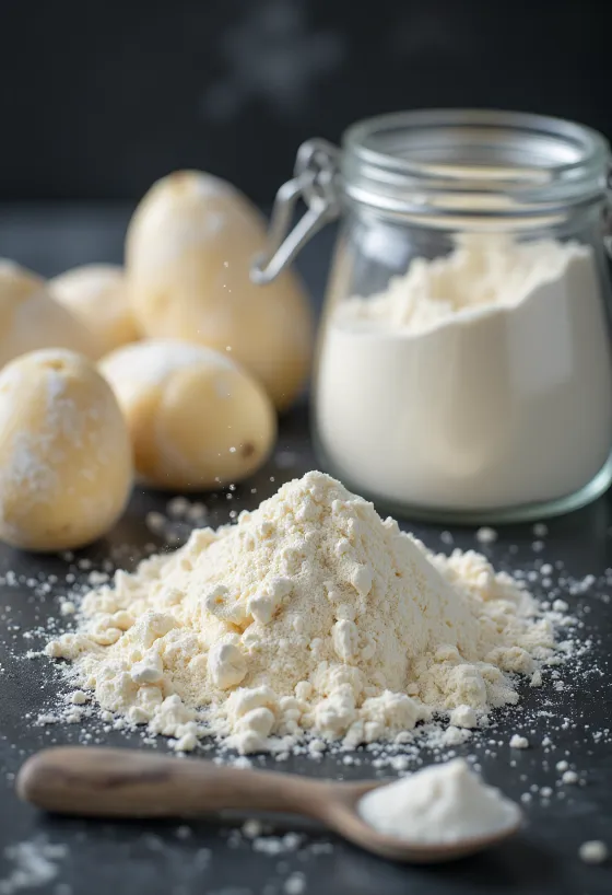 Kartoffelmehl in Schale, mit Holzlöffel, auf Küchenoberfläche verstreut