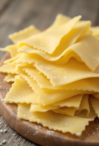 Trockene Lasagneplatten auf Holzoberfläche verteilt, geschichtet