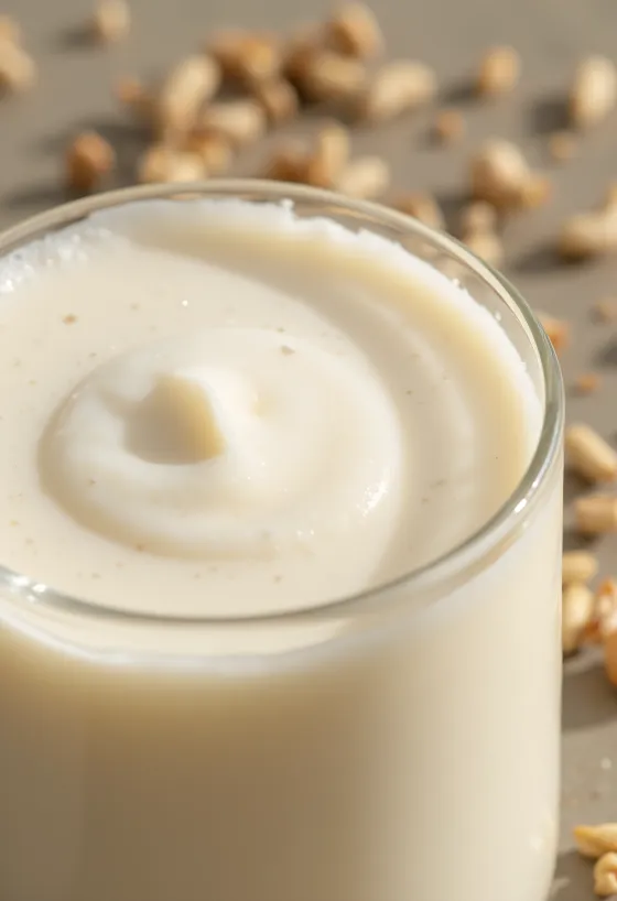 Leinsamenmilch in ein Glas gegossen, daneben goldene und braune Leinsamen in Schale