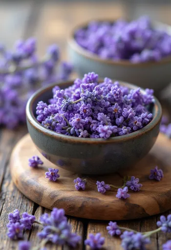 Getrockneter und frischer Lavendel in Schale und Strauß, Küchenumgebung