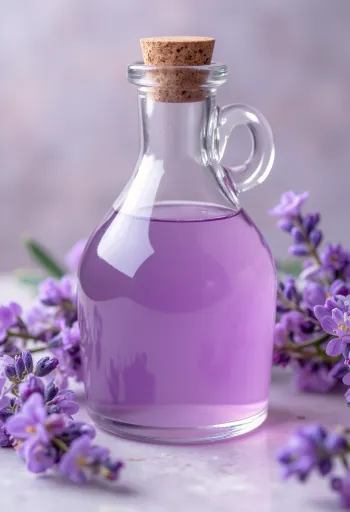 Hausgemachter Lavendelsirup in Flasche mit frischem Lavendel