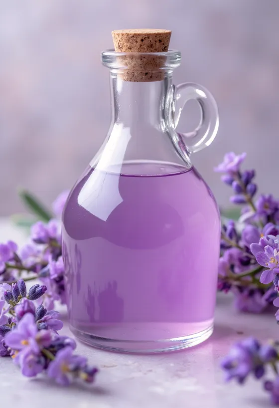 Hausgemachter Lavendelsirup in Flasche mit frischem Lavendel