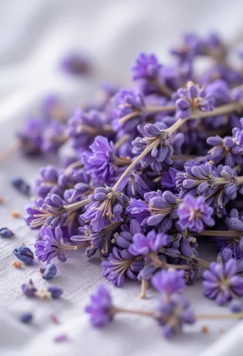 Frische und getrocknete Lavendelblüten in Schale, mit Zitrone und Honig