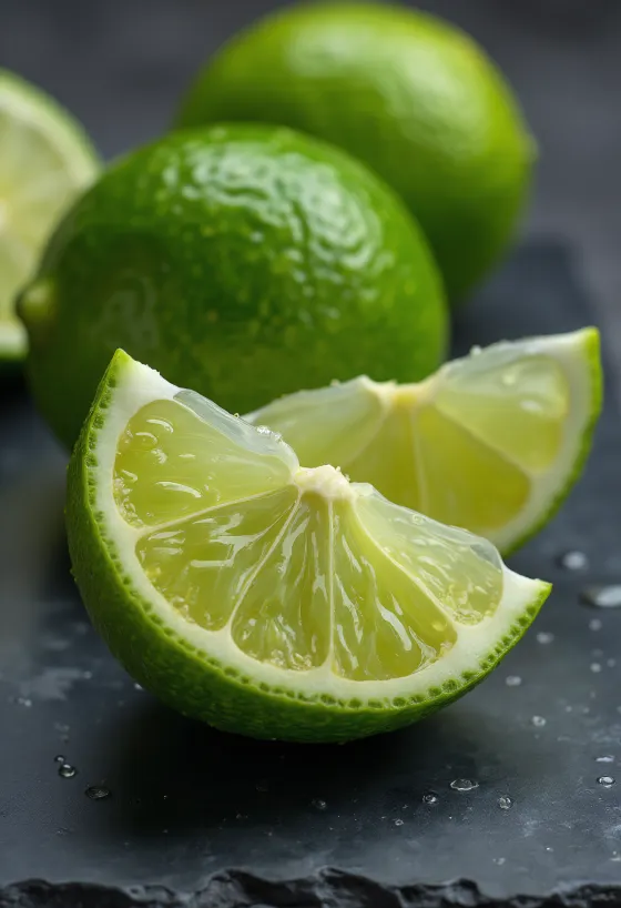 Frische Limette im Ganzen und halbiert in Schale und auf rustikalem Holztisch, mit Limettenwasser