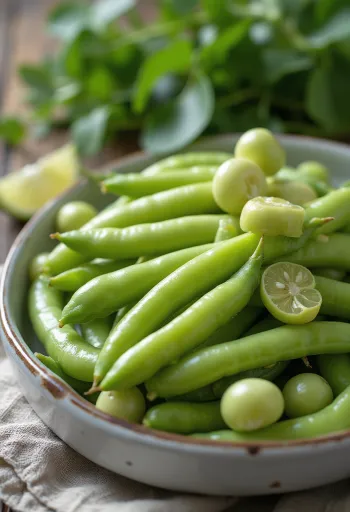 Frische Dicke Bohnenhülsen und gepalte Bohnenkerne auf rustikaler Oberfläche
