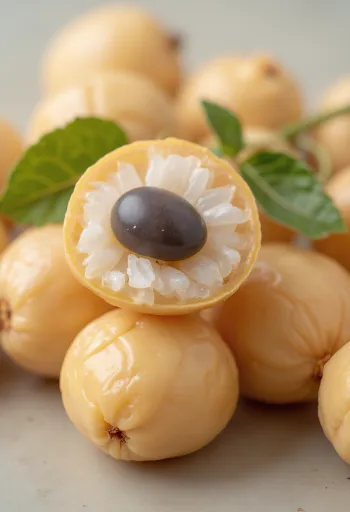 Ganze und aufgeschnittene Longan-Früchte mit weißem Fleisch und schwarzem Kern auf Holzoberfläche