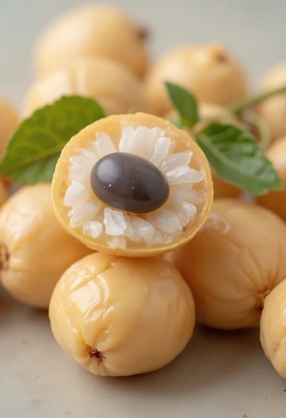 Ganze und aufgeschnittene Longan-Früchte mit weißem Fleisch und schwarzem Kern auf Holzoberfläche
