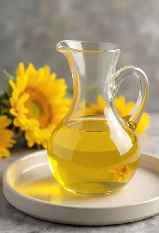 High-Oleic Sonnenblumenöl in heller Glasschale, mit Sonnenblumenkernen