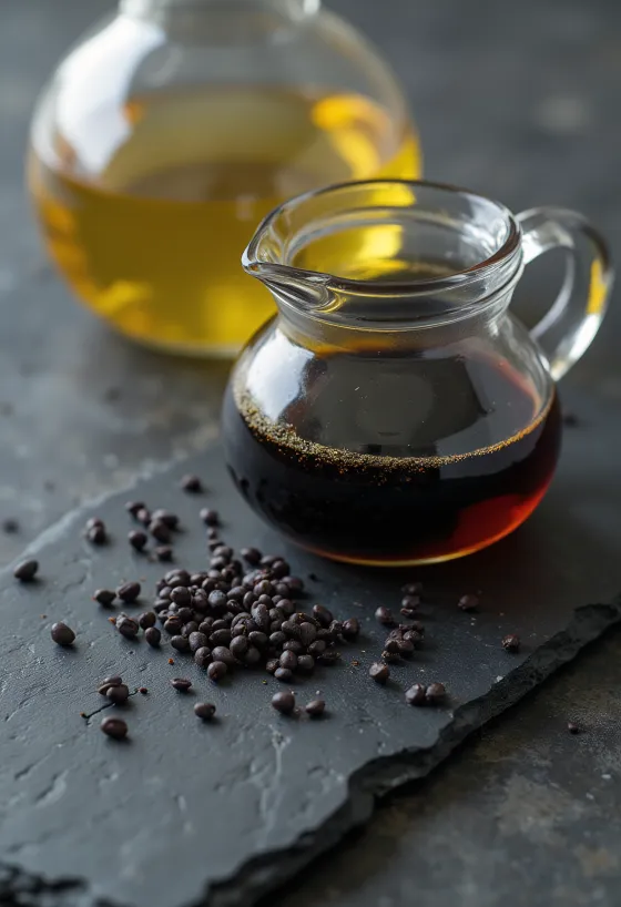 Mohnöl in Flasche, daneben schwarze Mohnsamen in Schale