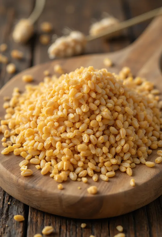 Malz als Zutat: gemälzte Gerste und gemahlenes Malzpulver in Holzschale und auf Küchenoberfläche verstreut