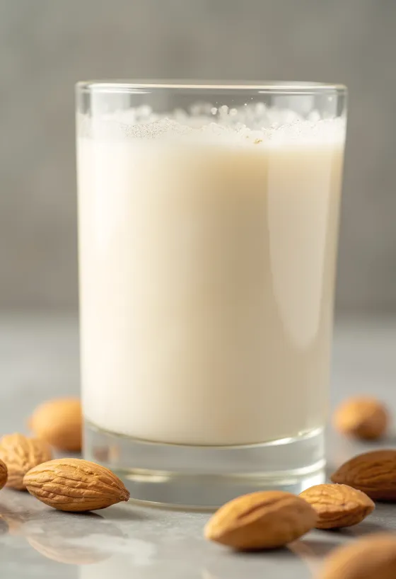 Mandelmilch in Glas eingeschenkt, daneben ganze und gemahlene Mandeln