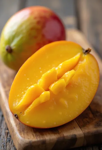 Frische Mango aufgeschnitten auf Holztisch, mit leuchtend orangem Fruchtfleisch