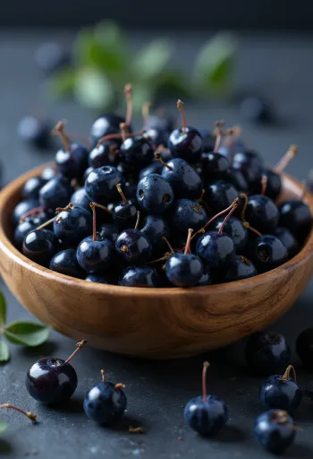 Frische Maqui-Beeren in dunkelvioletter Farbe, teilweise aufgeschnitten, roh